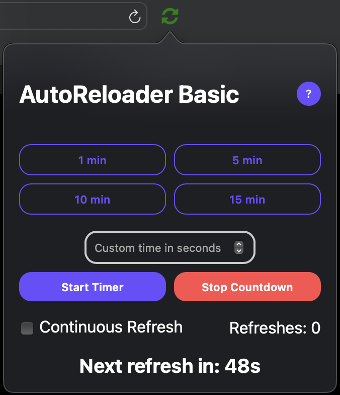 Screenshot showing AutoReloader Basic with an active refresh timer