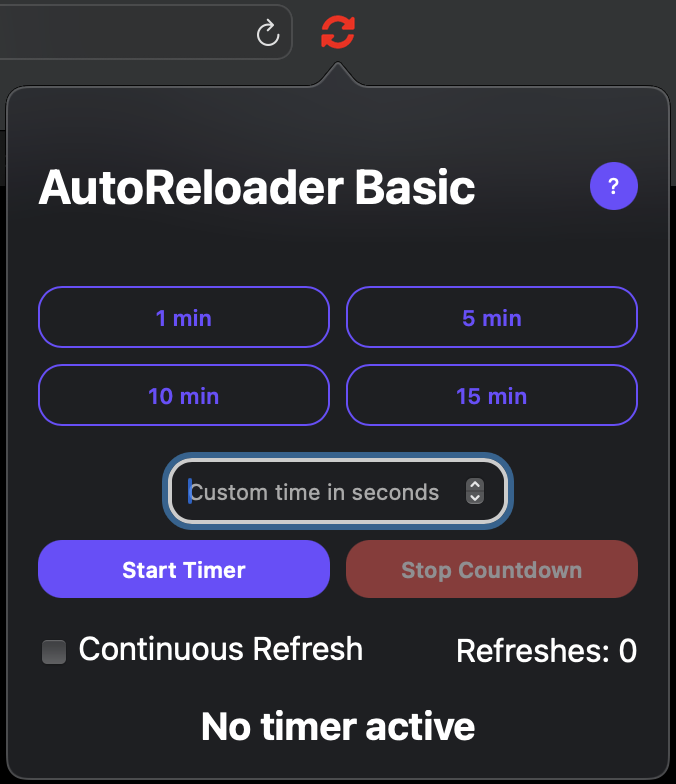 Screenshot of AutoReloader Basic interface showing interval settings