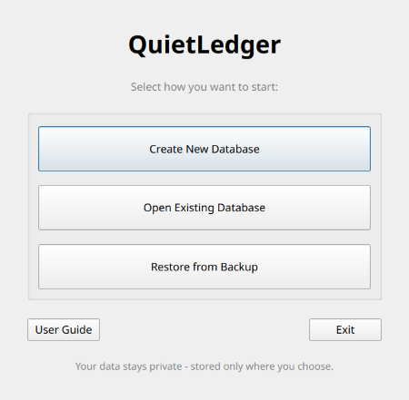 QuietLedger startup dialog for selecting or creating a database
