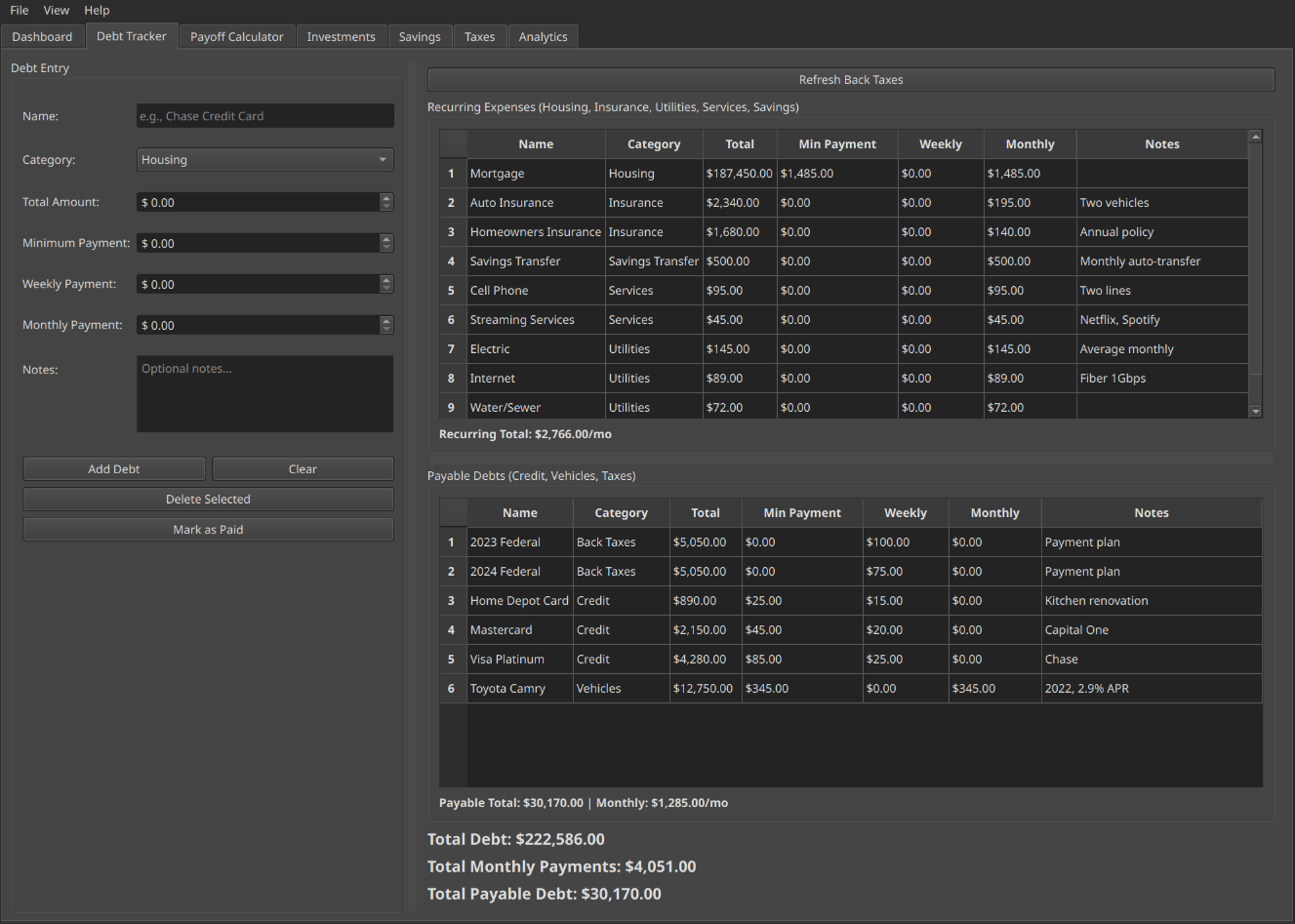 QuietLedger debt tracker showing recurring and payable debts