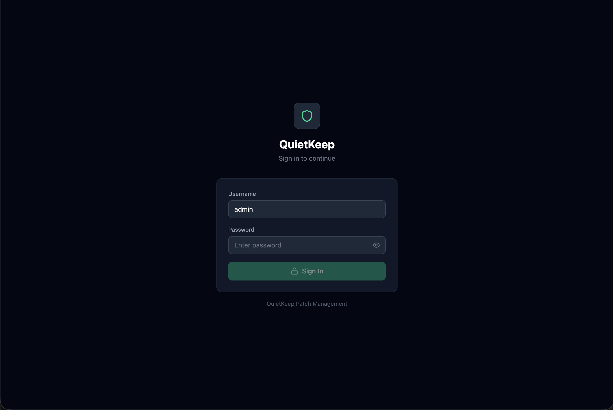 QuietKeep login page with username and password authentication