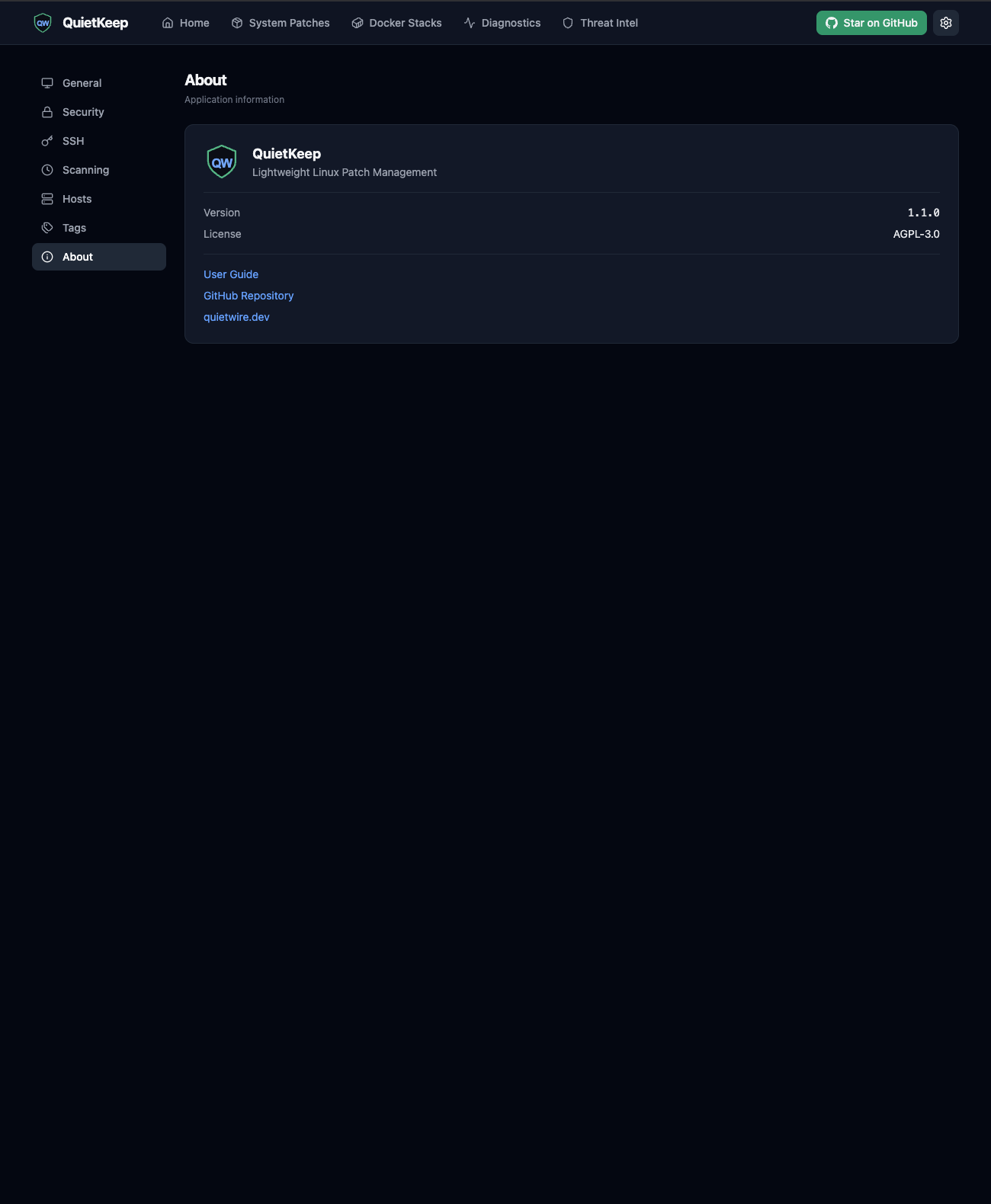 QuietKeep About page showing version and license