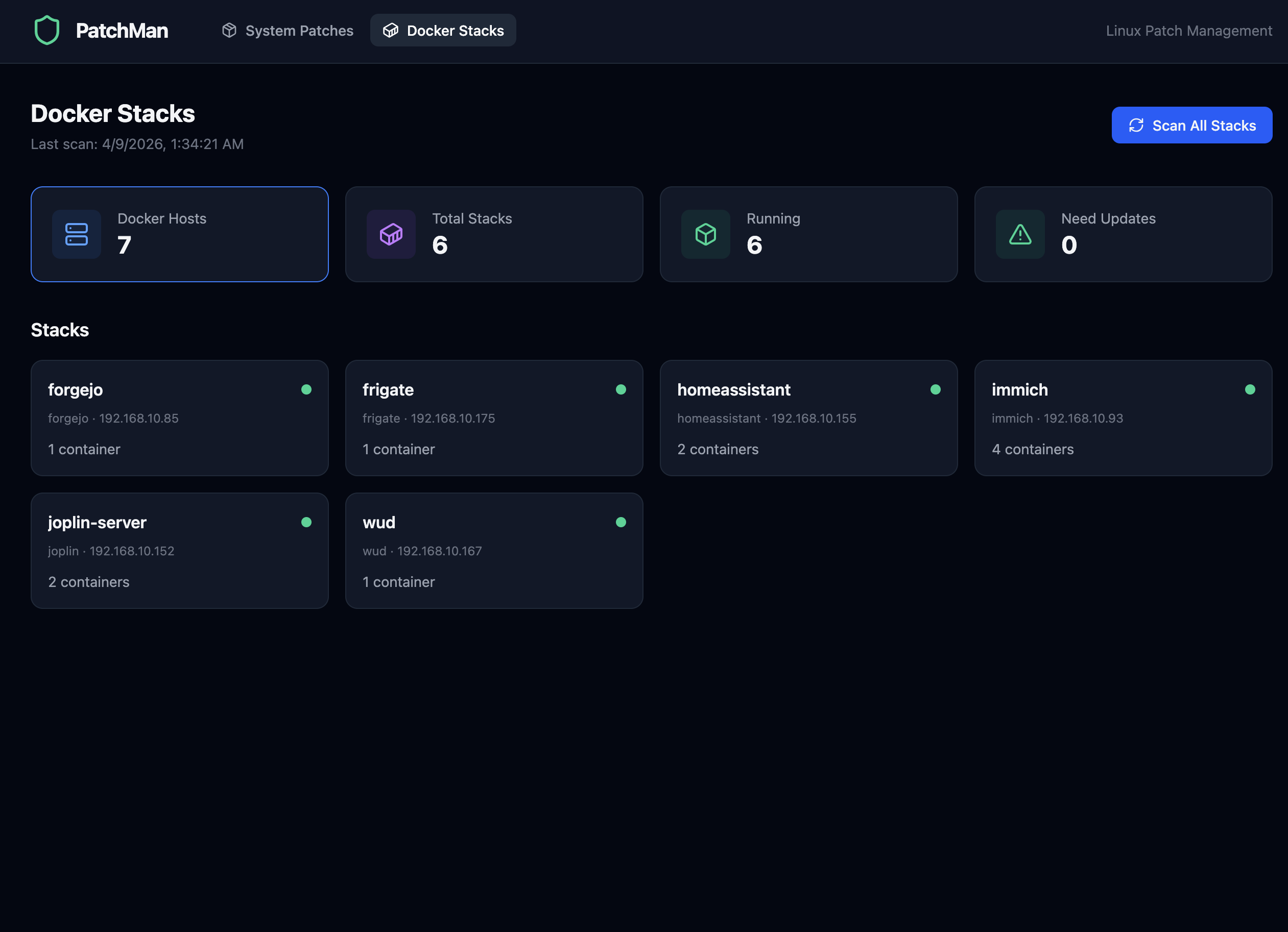 PatchMan Docker Stacks view showing 6 Docker Compose stacks
