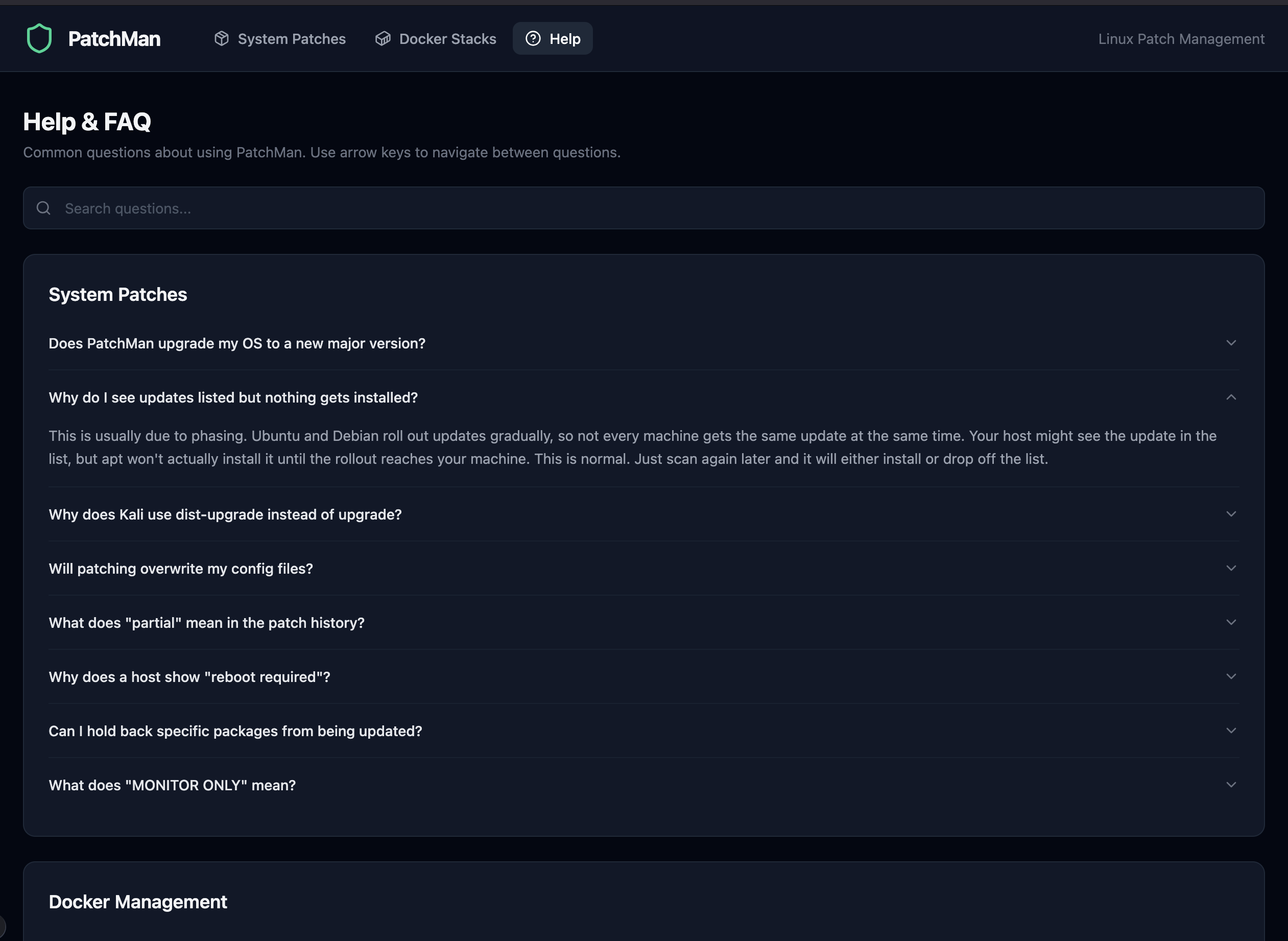 PatchMan Help and FAQ page with searchable accordion sections