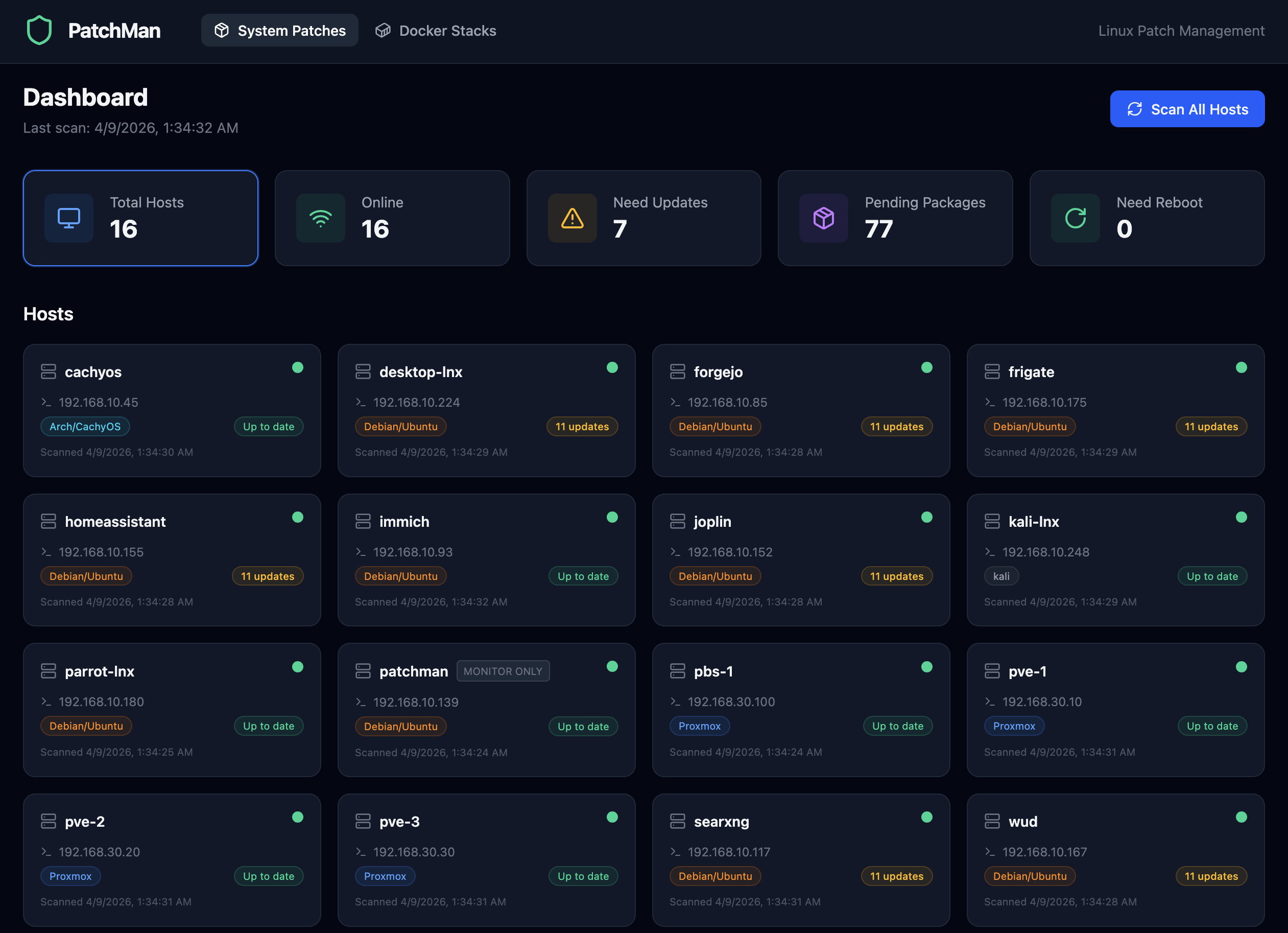 PatchMan System Patches dashboard showing 16 hosts across multiple Linux distributions