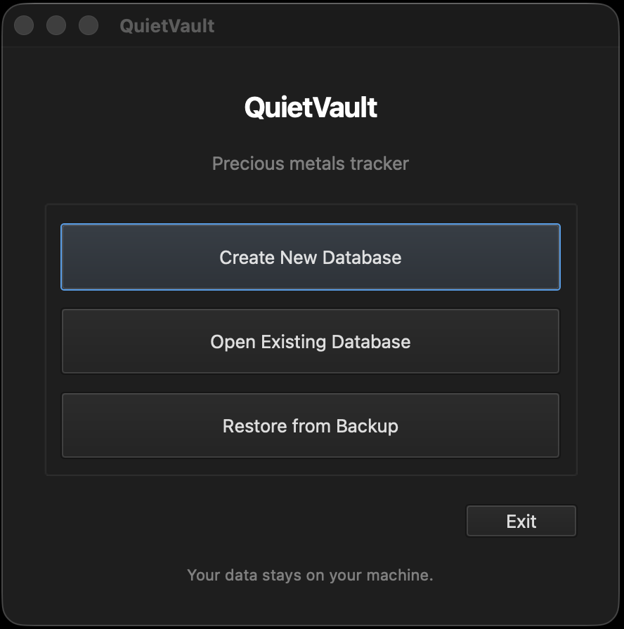QuietVault startup dialog for selecting or creating a database