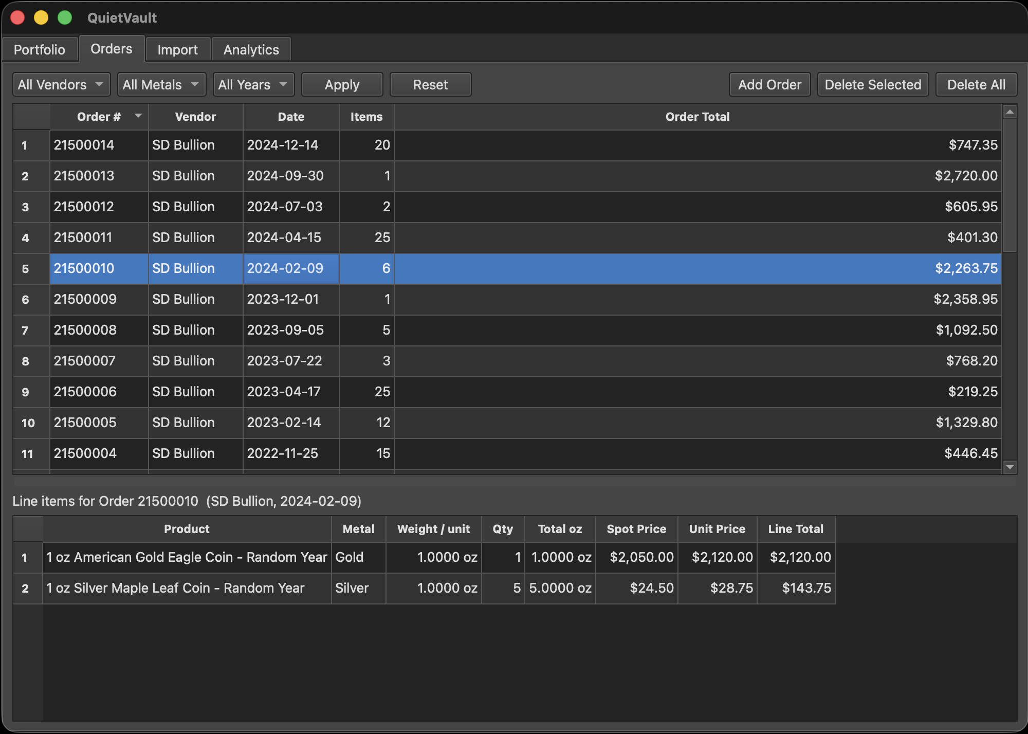 QuietVault orders tab showing order history and line item detail